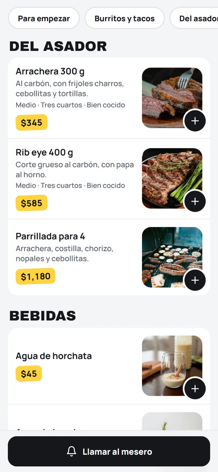 El menú de un restaurante en el celular del cliente, con fotos de los platillos.