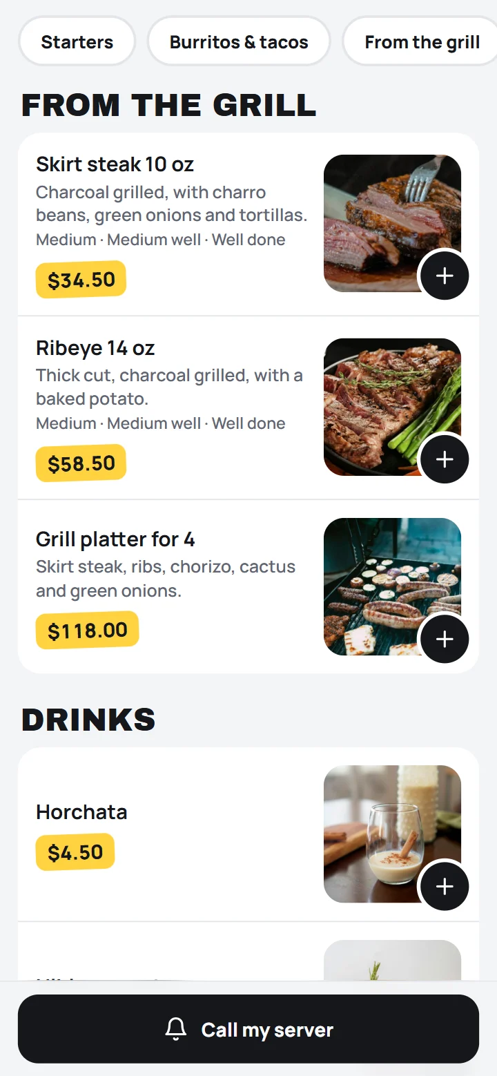 A restaurant’s menu on a guest’s phone, with photos of the dishes.