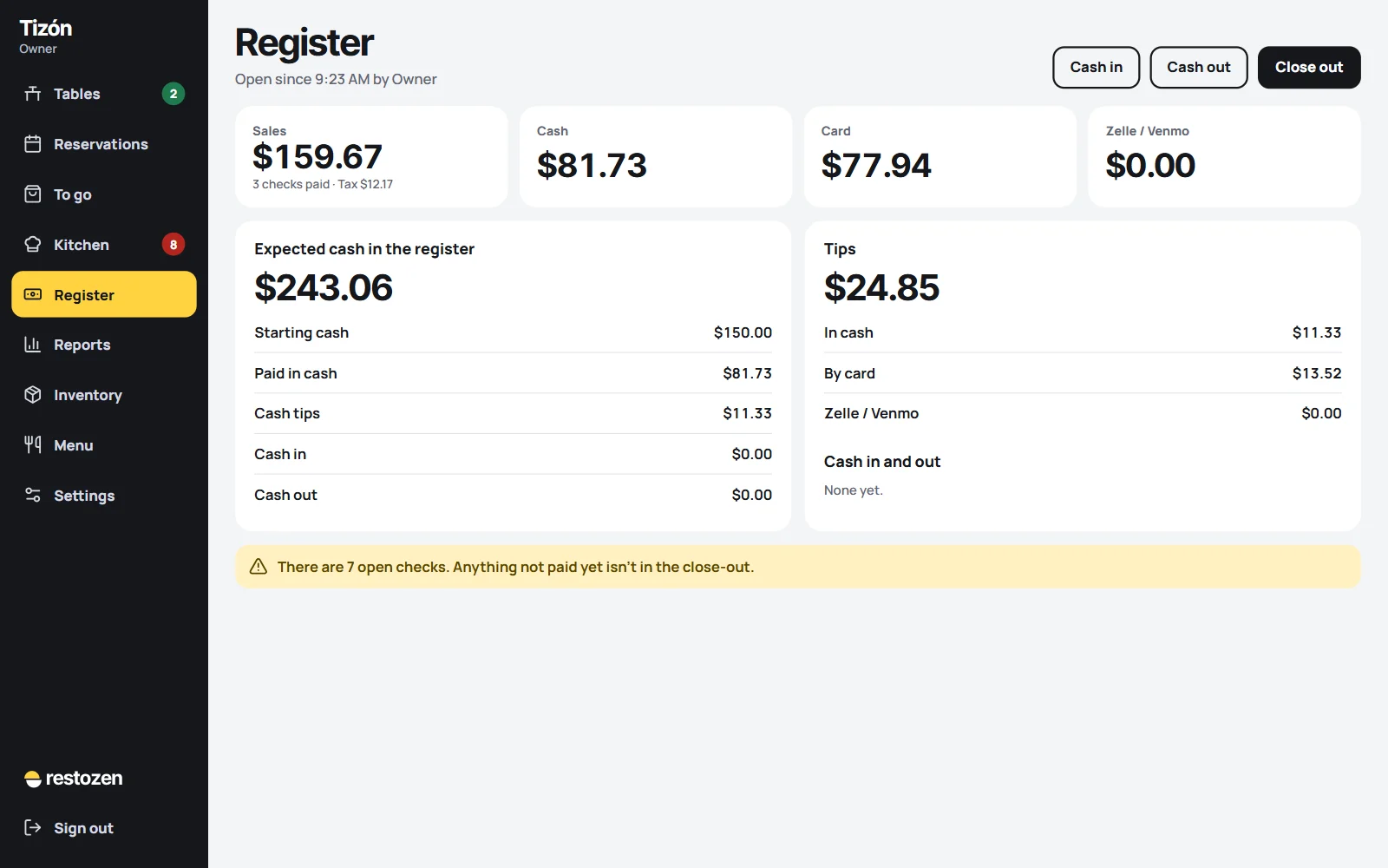 The register screen with sales by cash, card and transfer, the cash that should be in the drawer and the tips.