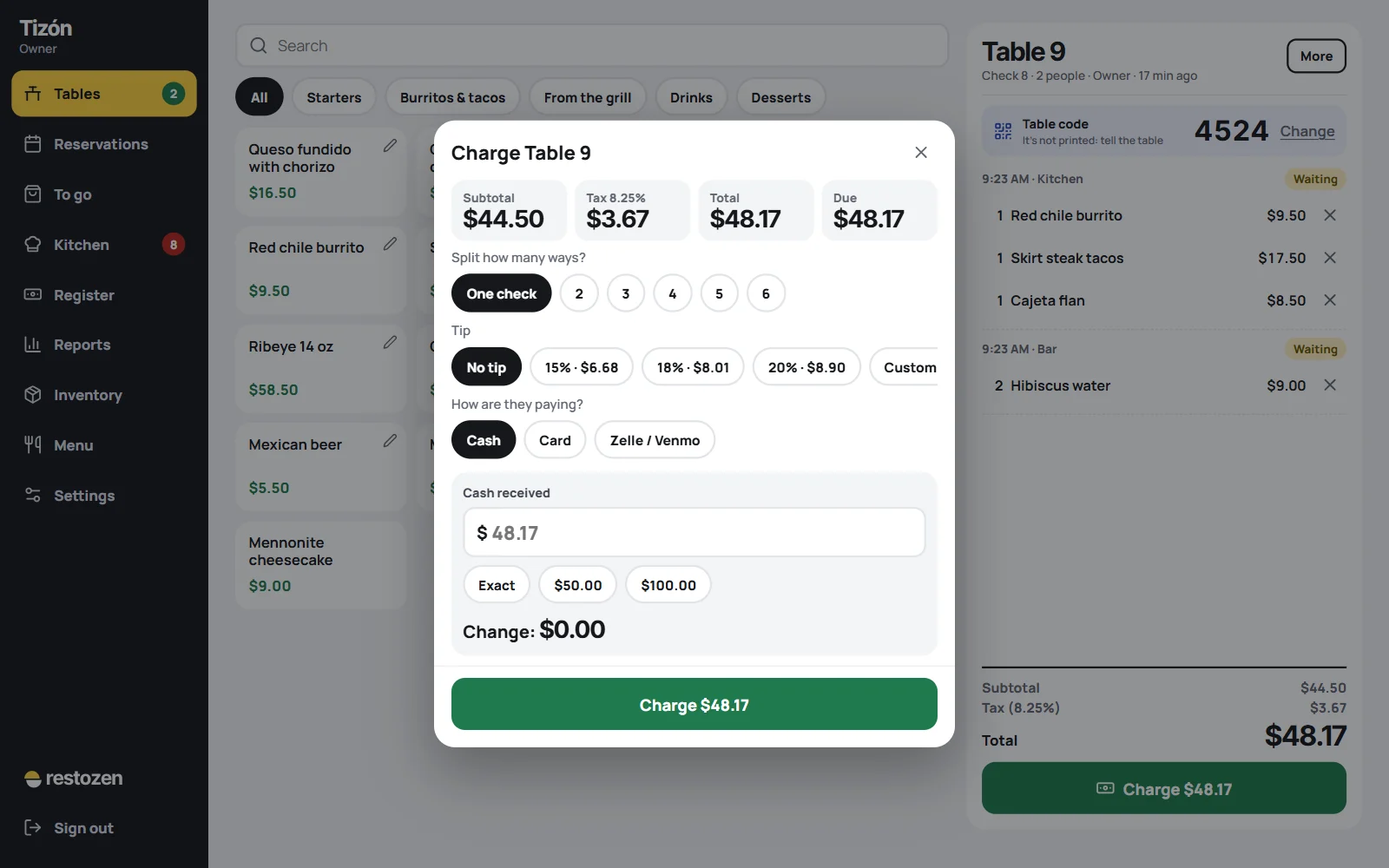 The payment window for table 9: total, split, tip, payment method and change.