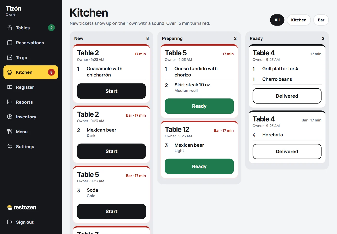 The kitchen screen with tickets in three columns: new, in progress and ready.