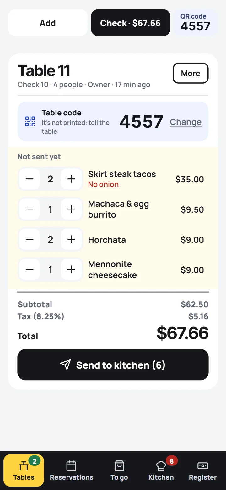 Table 11’s order on the server’s phone, ready to send to the kitchen.