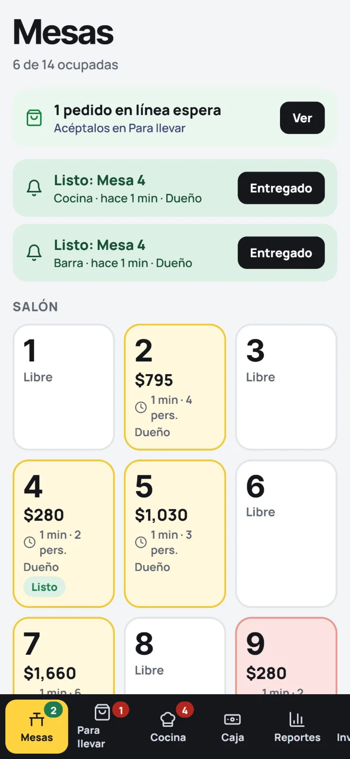 Las mesas en el celular del mesero, con los avisos de que la orden de la mesa 4 está lista.